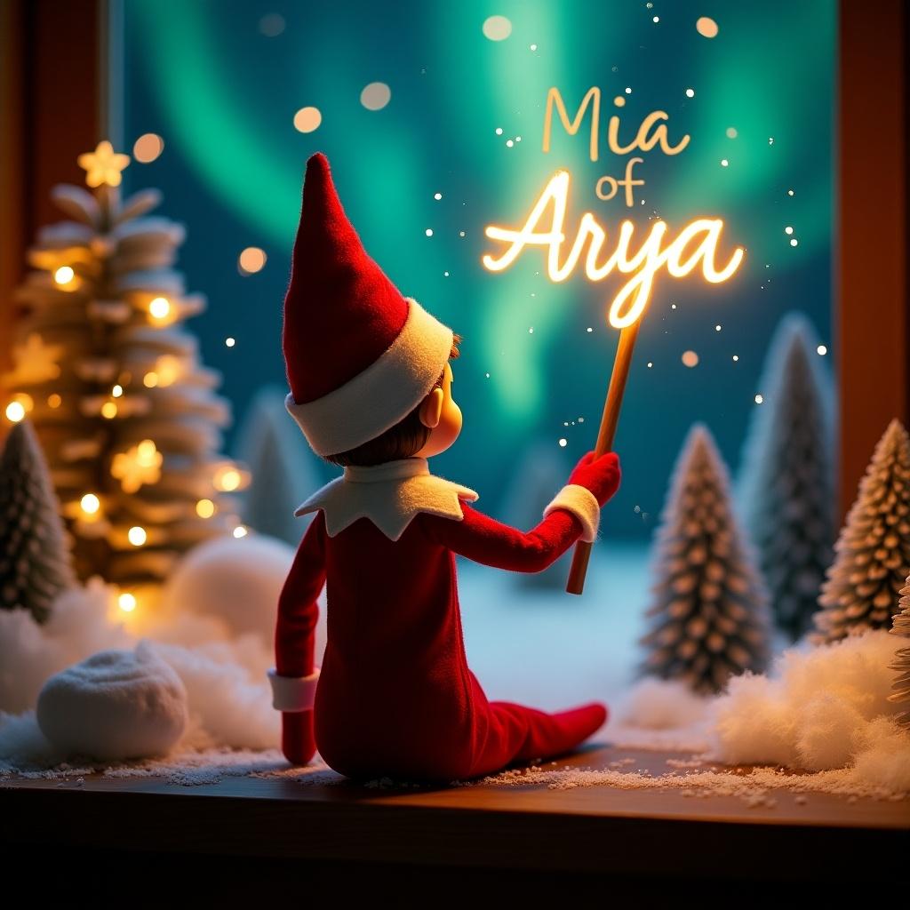 An enchanting Christmas scene features an elf on the shelf with its back to the viewer. The elf, dressed in red and white, wields a magic wand, writing 'Mia' and 'Arya’ in glowing script. The backdrop is decorated with vibrant northern lights, adding a magical touch. This festive scene radiates the spirit of Christmas with a whimsical twist. The elf's position and action convey a sense of wonder and excitement, embodying the joy of the holiday season.