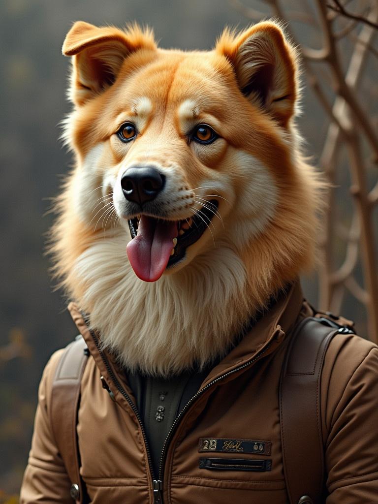 A happy dog with the head of a golden retriever and a body suited with stylish clothing. The dog has a bright smile and a dynamic expression. The background is natural and serene, showing hints of a forest.