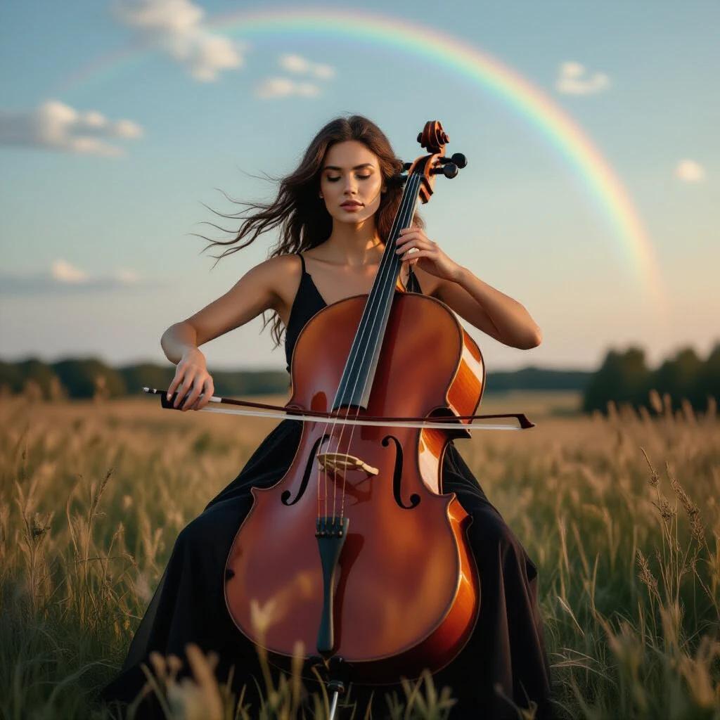 A woman plays a cello outdoors. The scene is serene with a rainbow in the sky. The colors are vibrant and the lighting is soft. The background consists of grassy fields. The atmosphere is peaceful and artistic.