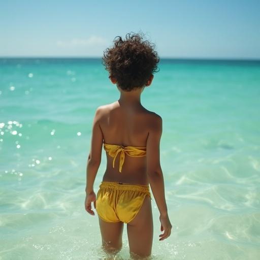 A back view of a child in gold swimwear standing in clear ocean water. Professional fashion photography with a cinematic angle and dynamic lighting from the sun.