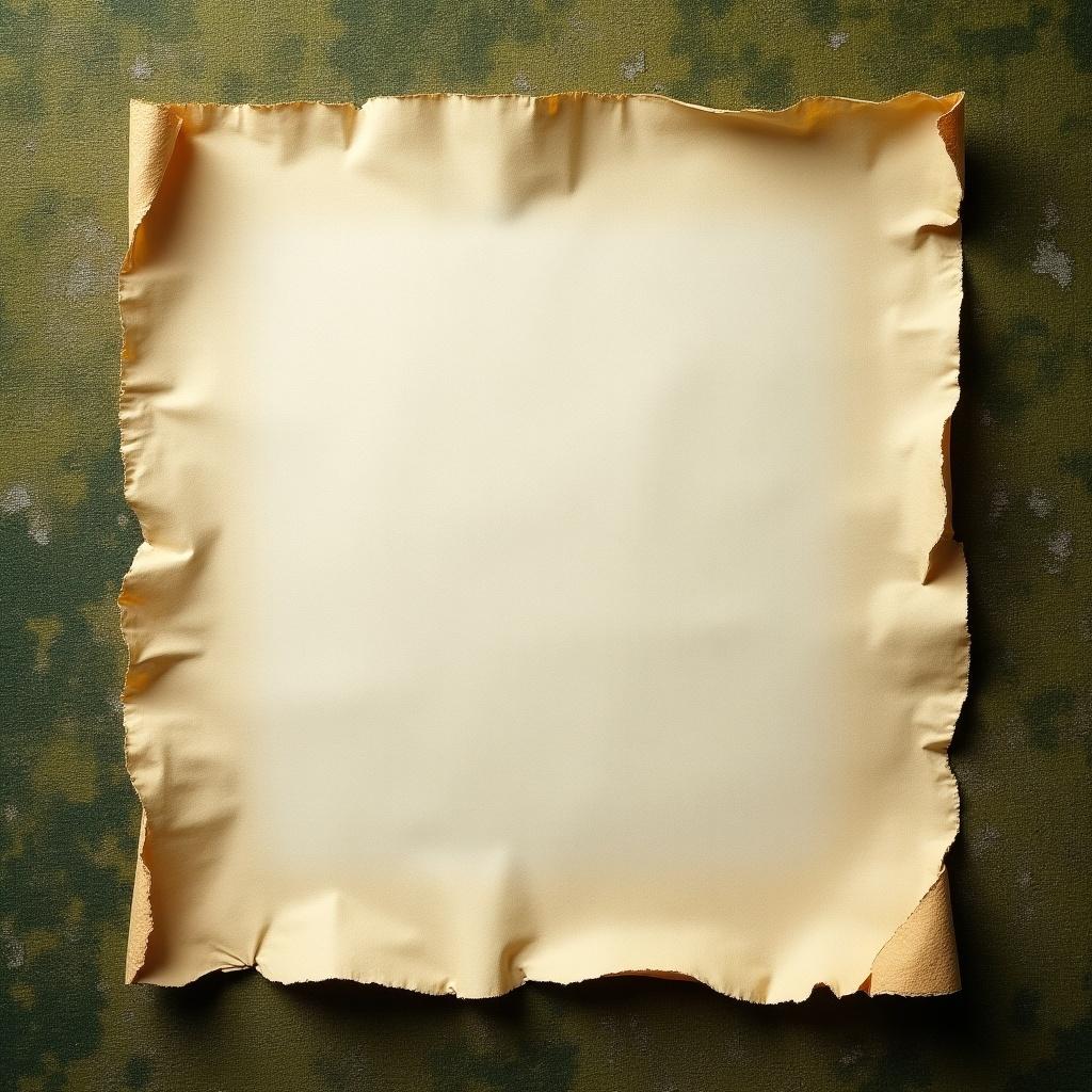 This image features a close-up of a blank, aged parchment with a torn edge, resting on a textured, mossy surface. The parchment has irregular edges, enhancing its vintage appearance. The soft, diffused lighting gives it a warm and inviting feel. The mossy background adds an interesting texture that contrasts with the smooth parchment. This composition is ideal for various creative purposes.