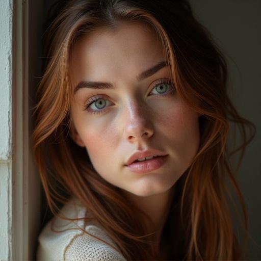Beautiful woman in close-up, featuring striking blue eyes and wavy hair, natural light on her face, soft and realistic details.