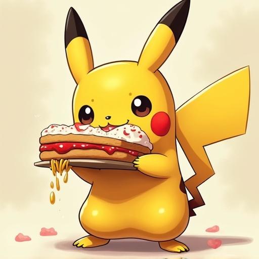 Pikachu holds a delicious ice cream sandwich. Pikachu looks adorable with big eyes and a smiling expression. Bright colors create a fun vibe. Desserts and Pikachu make a cute combination.