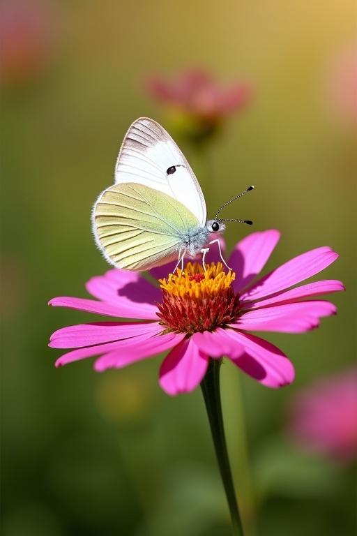 A white and pink butterfly rests on a pink flower in a sunlit garden. Bright colors and natural light enhance the scene.