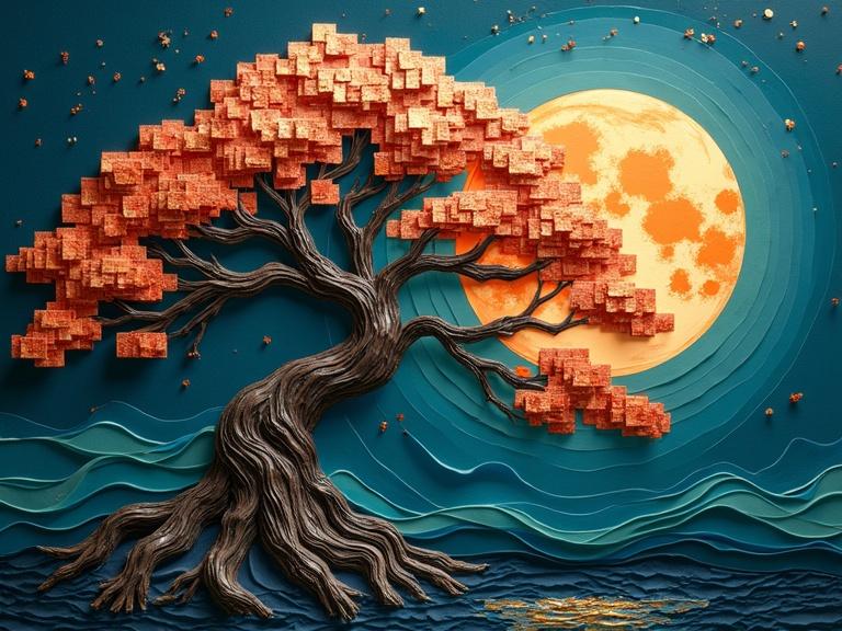 Origami paper folds create a surreal nighttime scene. A bonsai tree is made of assorted sized squares. Leaves and flowers are formed by nude woman body squares. A full moon casts a glow over the scene. Colors include blue, green, black, and hints of orange and pink. Sponges and dry brush techniques are used for texture.