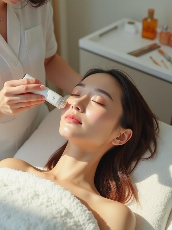 Medium shot showing Korean esthetician using glowing cold plasma wand on young woman’s cheek inside a luxury skincare clinic. The scene features glowing skin and a relaxed atmosphere. The interior is white and beige with spa tools on a sleek tray. Soft morning light streams in, creating a serene mood. The details include macro-detail in skin and hair texture, hyper-realistic style.