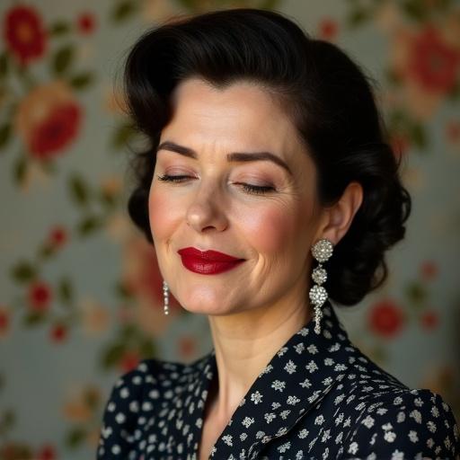 Portrait of a beautiful housewife with a vintage 1950's hairstyle and big red lips. She has a floral black and blue dress. The woman is slightly smiling with closed eyes. Long diamond earrings accent her look against a floral wallpaper background.