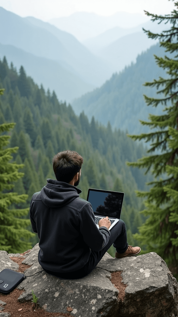 A person sitting on a rock using a laptop, surrounded by a lush forest and misty mountains in the background.