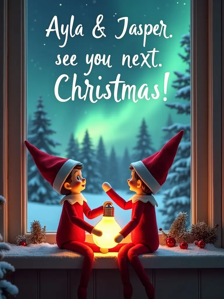 Two cheerful elves sit by a window during winter. They gaze out at stunning northern lights. One elfs is female and one is male. Elves excitedly hold a bright light bulb. Glowing text in the sky reads 'Ayla & Jasper - see you next Christmas'. Snow and holiday decorations adorn the window ledge. Surrounding view has snow-covered trees. The scene captures the spirit of the festive season.