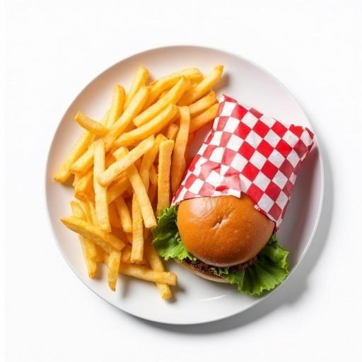 Photo of a meal on a white plate. Golden brown french fries placed beside one cheeseburger. Cheeseburger wrapped in red and white checkered paper. Beef patty and green lettuce included. Overhead view with bright lighting. Simple and clean presentation. Crisp texture of fries contrasted with soft texture of cheeseburger wrap. Fresh and appealing look.