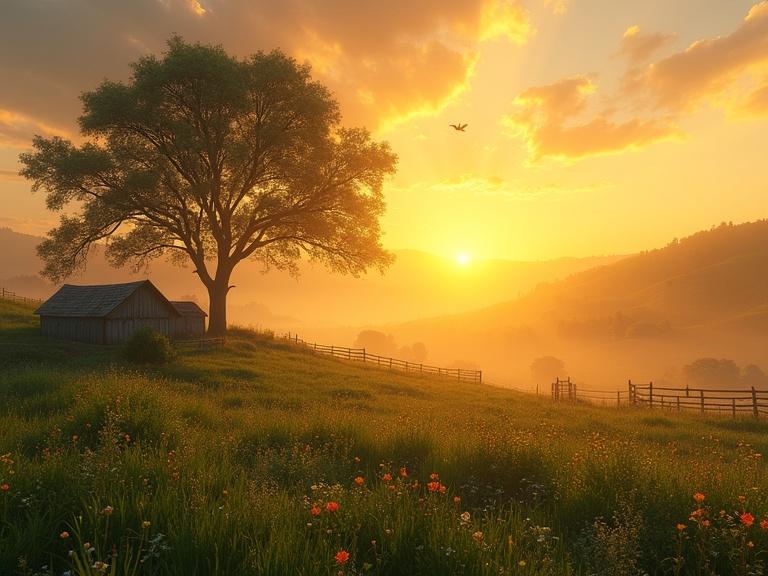 A stunning sunrise over a peaceful rural landscape. Morning light shines through fog illuminating dew-kissed fields with colorful wildflowers. Quaint farmhouses with weathered roofs and wooden fences are visible in the background. A single tree stands in the foreground, branches extending wide in the glow of dawn. Birds are stirring, creating a peaceful atmosphere.