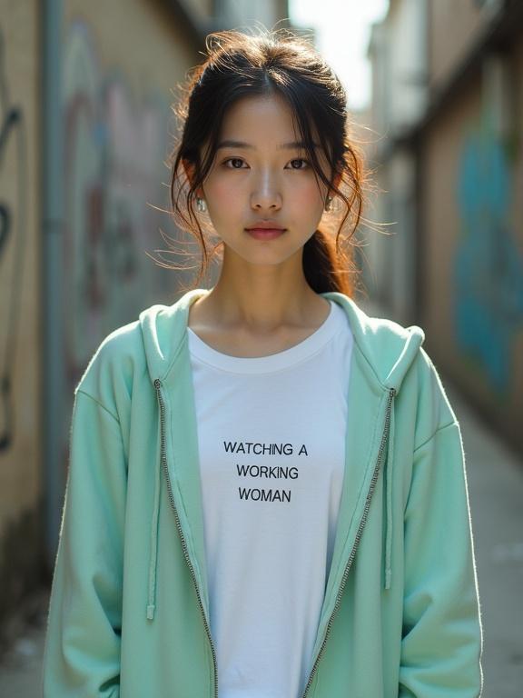 Realistic portrait of a young East Asian woman in an urban alley. Wearing a mint green zip-up hoodie over a white T-shirt. The shirt reads 'WATCHING A WORKING WOMAN.' Long hair tied back with loose strands. Gentle, thoughtful expression. Natural sunlight creates a halo effect. Background has faded graffiti.