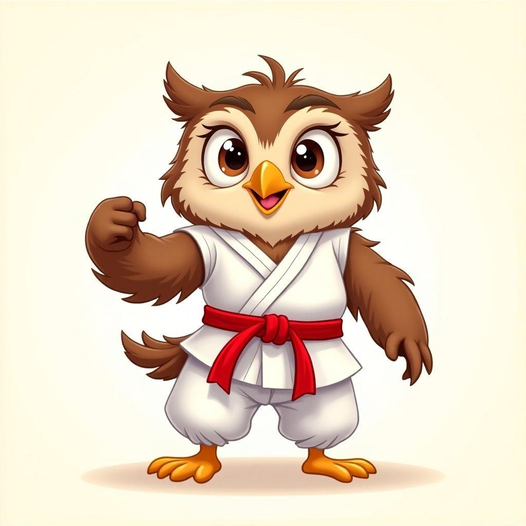 Disney-style cartoon illustration of an adorable owl wearing a karate costume. Brown owl with large eyes and friendly smile. The pose reflects confidence and playfulness. Simple background like a dojo or gradient. Vibrant colors and gentle shading.