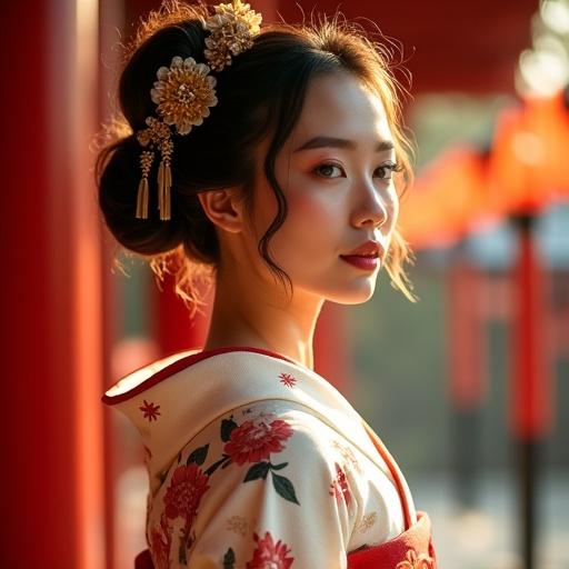 Model wears a white kimono with red floral patterns. Hair styled in an elaborate bun with gold brooches. Setting features red temple pillars and lanterns in background. Scene captures warm golden-hour lighting and soft shadows. Voluminous hair showcases golden highlights. Freckles and green eyes add character. Focus on rich red and gold tones.
