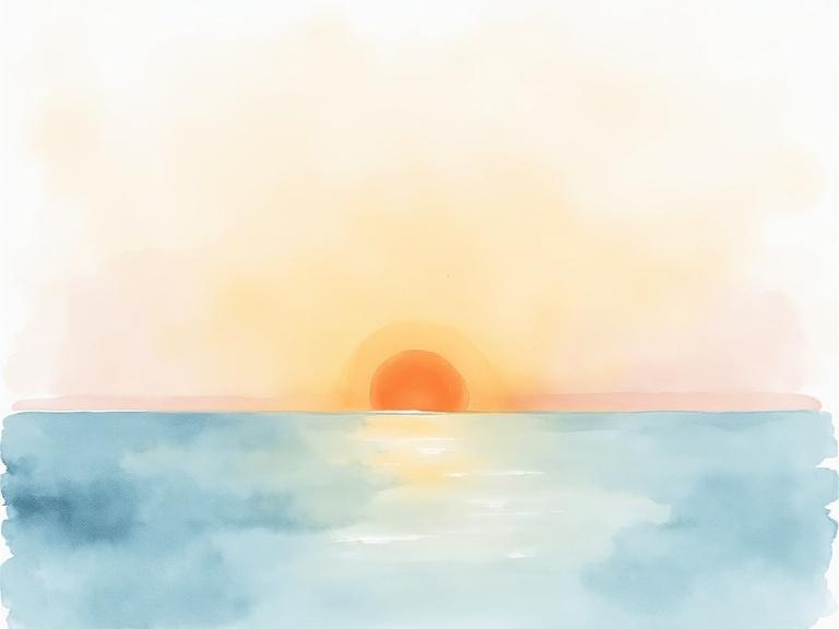 Minimalist watercolor painting. Sunrise over calm sea. Soft brushstrokes and muted pastel colors. Tranquil mood is depicted.