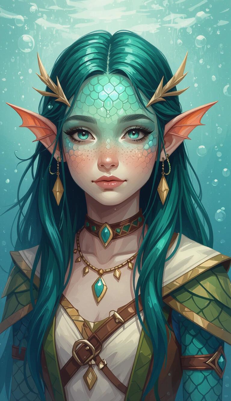 Acrylic painting style character design presents a druidic fish-girl with sharp finned ears and teal skin. She wears Theros-fantasy clothing adorned with jewels. Long green hair flows slicked back, embodying a celestial druid. Bubbles float around her against an underwater background.