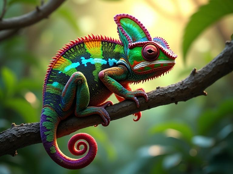 Horny chameleon basking on sun-dappled rainforest branch. Chameleon perched on twisting branch. Tropical rainforest setting. Iridescent skin with electric greens blues and molten orange. Sunlight filtering through canopy illuminating patterns.