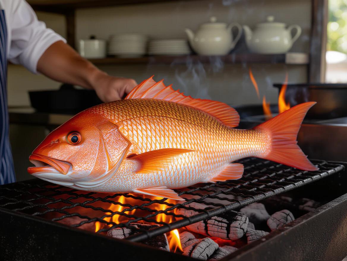 Close-up photograph of large red snapper grilling over open fire. Fish has vibrant orange-red scales and prominent eye. It rests on black metal grill grate over orange and yellow flames. A hand in white sleeve adjusts the fish on grill. Background kitchen setting has white ceramic dishes on shelf. Lighting is warm and natural, creating golden glow on fish scales. Composition shot from side shows texture of fish skin and intensity of fire below.