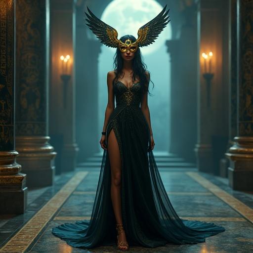 A hauntingly beautiful woman stands alone at an enchanted masquerade ball inspired by the Egyptian goddess Isis. She wears a golden mask shaped like falcon wings adorned with lapis lazuli and emeralds. Her gown shifts between black and gold. Glowing hieroglyphs float around her. Moonlight bathes her in light. She embodies mystery and elegance.