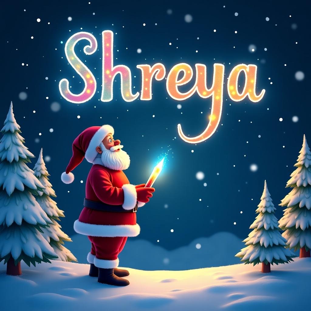 A Christmas scene with Santa Claus in a winter landscape. Santa looks at the name 'Shreya' in colorful calligraphy in the night sky. The letters are bright and glowing. Snowflakes fall softly in the dark blue background. Santa holds a colorful glow pen. Snowy trees surround him. The scene shows the joy of Christmas.