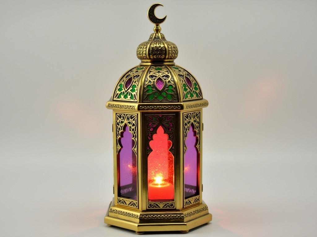 The image features a beautifully designed lantern with intricate patterns and colors. The lantern is made of metal with a shiny golden finish. It has three colored glass panels in shades of red, purple, and green that create an attractive visual effect. At the top of the lantern, there is a decorative crescent moon, symbolizing its connection to Islamic culture. The lantern is closed on all sides with small decorative cutouts for light to peek through. This item could add cultural flair to any home decor.