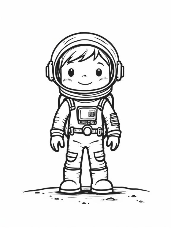 A friendly cartoon astronaut designed for children to color. Simple outlines suitable for coloring in.
