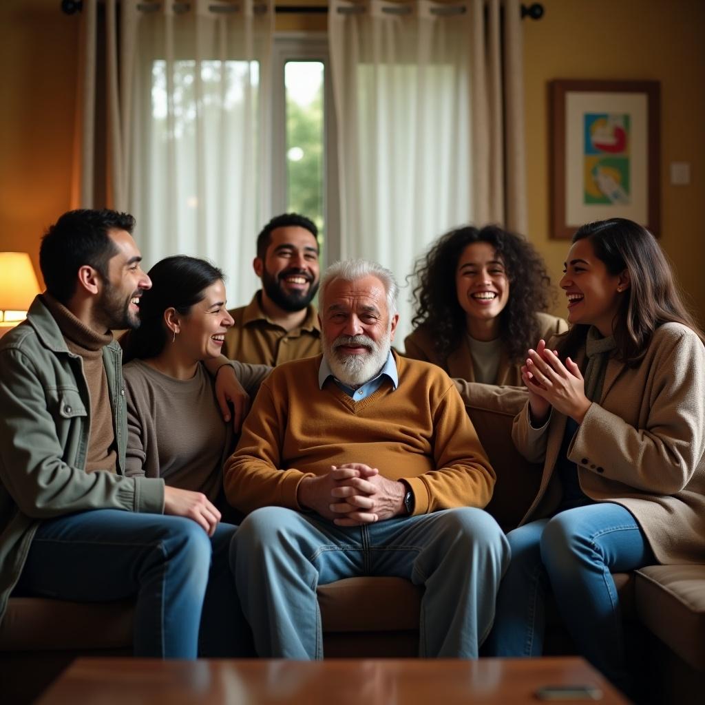 A photo showing family dynamics. An older father seated with younger family members around him. The mood reflects a lack of engagement from the father. Young adults display a mix of emotions while interacting. The setting is a cozy indoor environment.