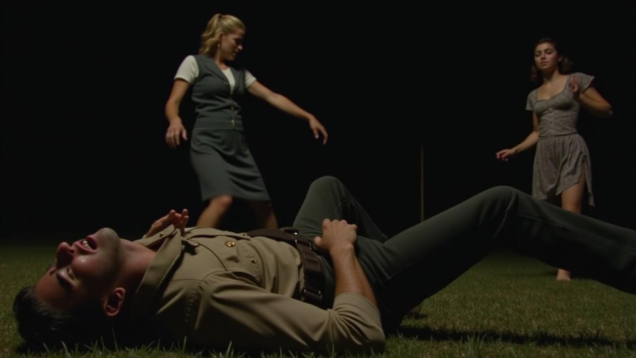 A chaotic, desperate struggle in the darkness. The sheriff collapses to the ground, face contorted in agony. A teenage girl looks shocked and backs away from the scene. The background is dimly lit, emphasizing the intensity of the moment. The expressions of pain and fear are palpable, highlighting the tension in the air. This scene evokes a sense of drama and conflict, showcasing a pivotal moment in the narrative.