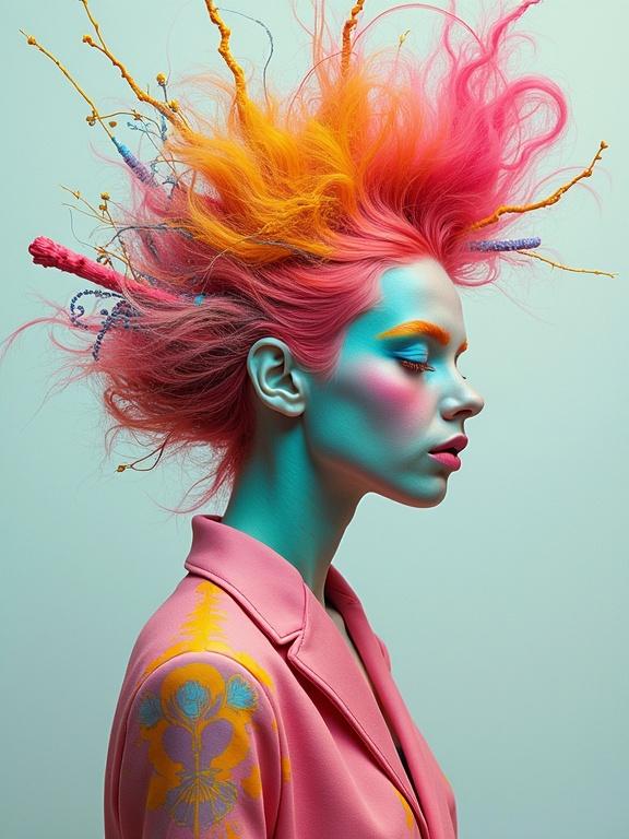 A surreal fashion photo featuring a profile view of a model with vibrant hair. The hair showcases bright pink and orange colors with abstract elements. The model wears a sleek pink blazer. The background is a minimalist light color.