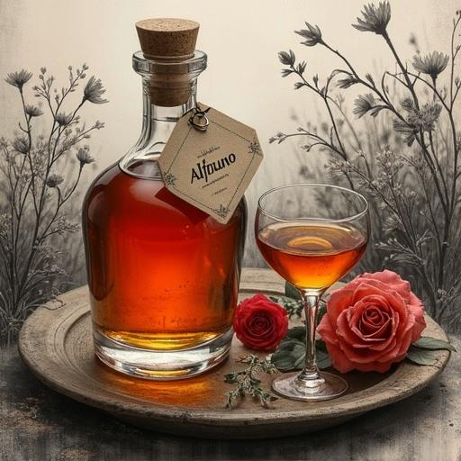 A selective color art piece features a vibrant golden-reddish bottle labeled 'ALFRUNO' on a wooden plate. A soft glow emanates from the bottle. This contrasts against a monochrome ink-wash background. Two glasses filled with liqueur are beside the bottle. There are roses and herbs around the bottle. The scene evokes a vintage aesthetic with dramatic lighting inspired by Caravaggio. The overall composition is captivating and visually striking.