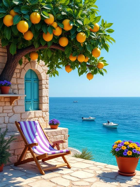 A tranquil Mediterranean coastal scene with a lemon tree full of ripe lemons. A stone terrace overlooks a clear blue sea. A classic striped deck chair is under the tree. Terracotta pots with colorful flowers add charm. A gentle breeze and sunny atmosphere make it inviting. Simple beauty and relaxing vibe encapsulate the essence of Mediterranean living.
