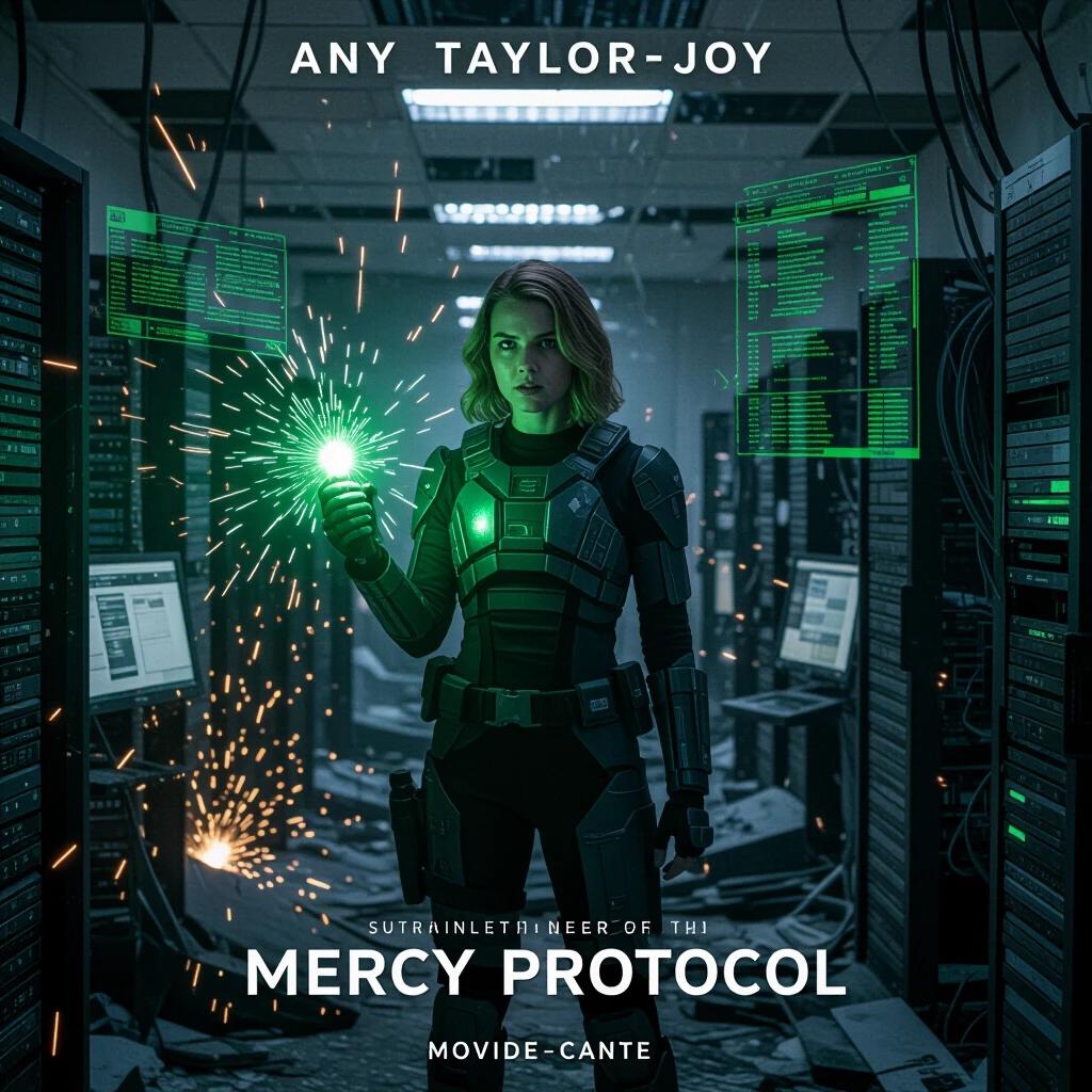 Anya Taylor-Joy stands in a destroyed data center. She holds a crackling EMP grenade. Sparks burst around twisted steel and broken monitors. Data streams glitch mid-air. She wears futuristic tactical armor and locks her gaze ahead. Green HUD overlays glow around her.