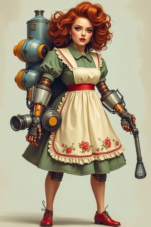 Cyborg character named Uschinator as Udo's wife. Vintage floral dress with apron. Hair in giant curlers. Futuristic robot arms with whisk and vacuum. Holding high-tech vacuum weapon. Jetpack from thermos flasks on back. Determined chaotic expression.