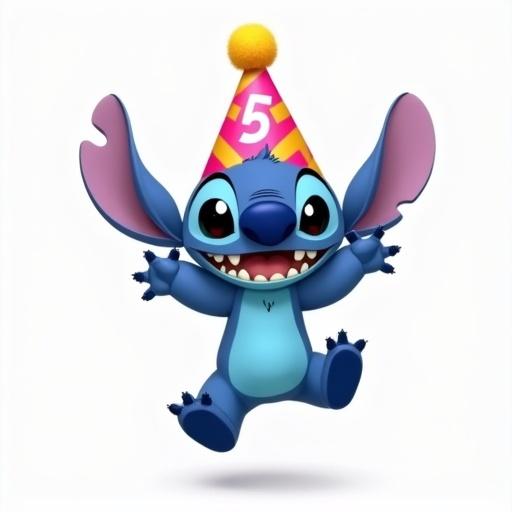 Happy Stitch character jumping with arms up wearing a birthday hat. Birthday hat decorated with a pompom and the number 5. Blue color character with cheerful expression.
