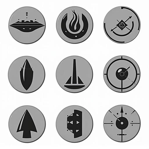 Icons designed for futuristic ship systems in a Star Trek themed RTS game. Includes engines, weapons, life support, and shield generator. Highly stylized and monochromatic designs featuring representative symbols like explosions and shields.