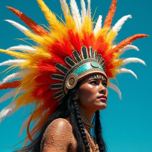 Individual wearing a ceremonial headdress with bright colors against sky background.