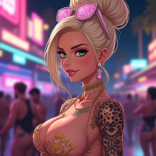 Anime style artwork depicting a futuristic woman in a nightclub. She has emerald green eyes and light blonde hair styled in a French bun. Adorned with pink diamond jewelry and traditional Japanese tattoos. The scene is colorful and vibrant, with a focus on party culture.
