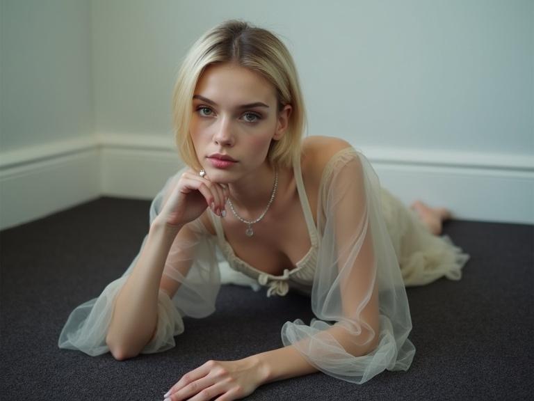 Photograph features a young woman lying on dark carpet. She has fair skin and short blonde hair styled sleekly. Her expression is serious and contemplative, with dark eyes looking at the camera. She wears a loose, sleeveless, transparent dress made of soft fabric. The dress cinches at the waist with a thin strap. Her left arm rests on the floor and right arm is near her face. She accessorizes with a delicate silver necklace and ring. Background has a white wall and baseboard. Lighting is soft and diffused. Image conveys introspection and serenity. The composition is minimalist with the subject centered.