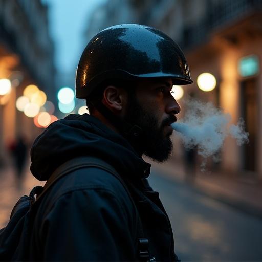 Man wearing a black helmet. Dressed in black running through a city at night.