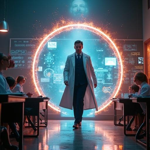 Cinematic scene showing a doctor stepping through a glowing portal. Doctor is half inside portal and half outside. Inside portal is a traditional medical classroom with textbooks and mannequins. Outside portal is a futuristic medical space with holograms and AR/VR headsets. Doctor has an expression of awe and determination. Dynamic composition with dramatic lighting and lens flares.