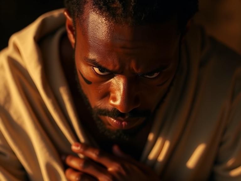 Close-up of a doctor with brown skin and short braided hair. Kohl around wide eyes. Clutching chest and trembling. Glistening sweat and damp linen robe. Firelight creates deep shadows on the face. Beginning of divine possession. Cinematic realism with intense emotional detail.
