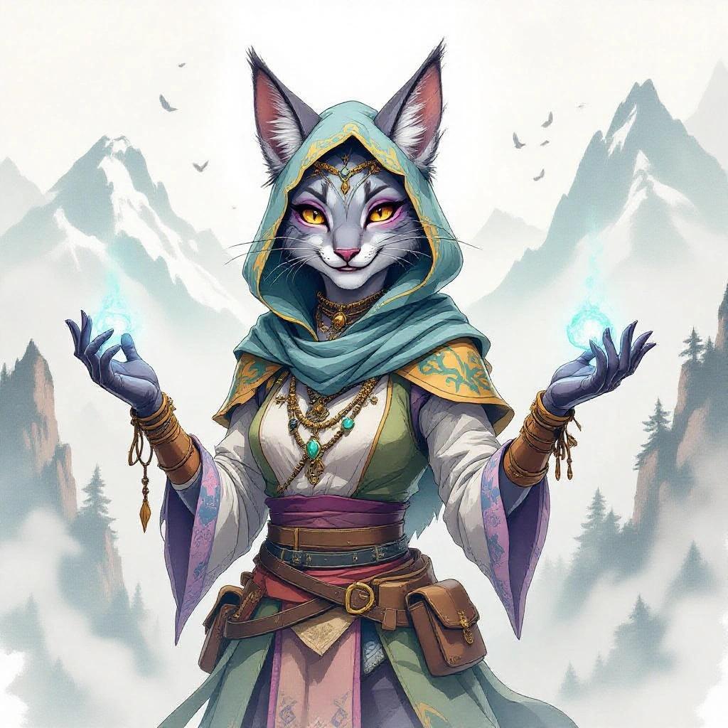 Watercolor style portrait of a female tabaxi trickster illusionist wearing colorful enchanted clothes. Character displays a playful smile. Sneaky yet graceful hand gestures. Background features misty mountain peaks and eerie fog. Lighting is cinematic and low-key with a darker tone.