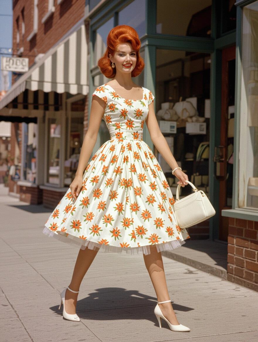 1960s woman with red beehive hair wearing a sun dress with petticoat. She has long legs and high heels. She is holding a white purse and walking on a small town sidewalk.