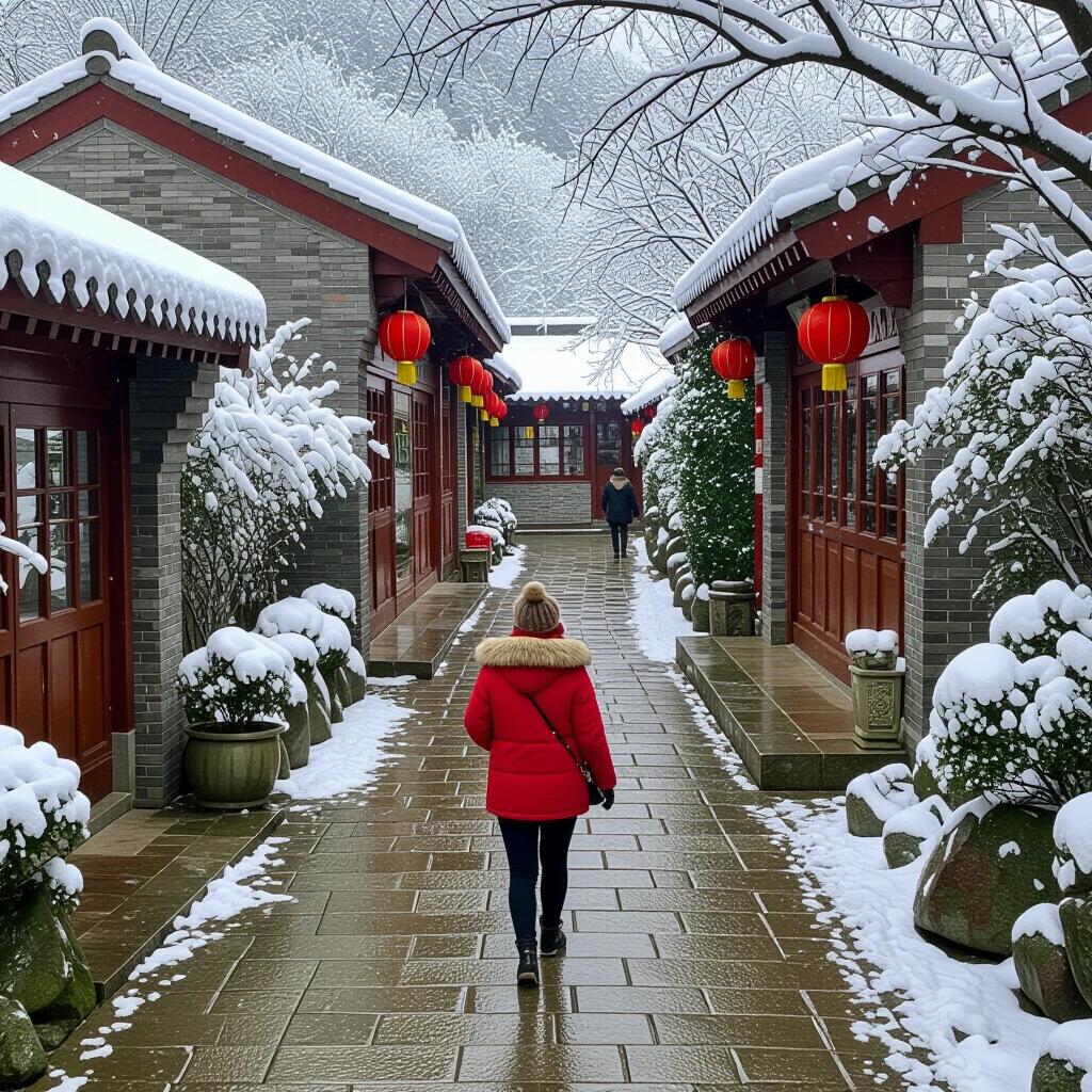 A woman in a red coat walks down a snow-covered path between traditional buildings in winter. Lanterns hang on the eaves. Snow blankets the ground and rooftops. The atmosphere is calm and cultural.