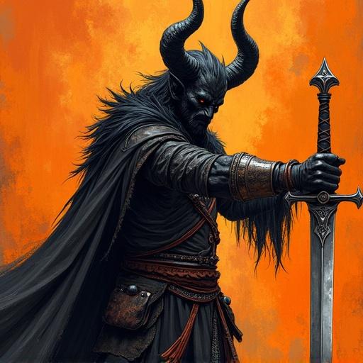 2.5D depth illustrated scene with a tiefling paladin weeping over a family sword at a wealthy estate. Scene captured from a dynamic angle. Bold outlines in marker art style with bright orange and black colors.