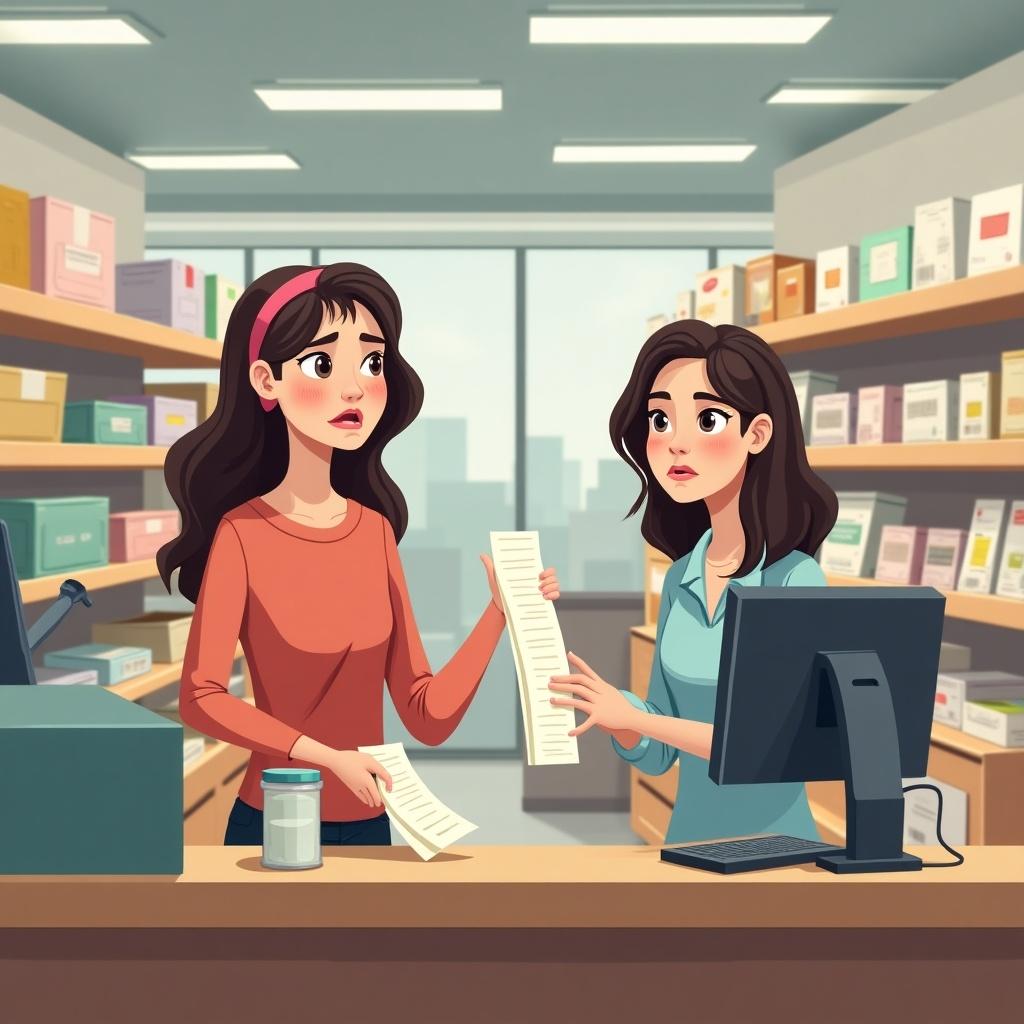 Two women discussing a refund in a pharmacy setting. One woman looks concerned while the other assists her. Shelves with products in the background and a computer on the counter.