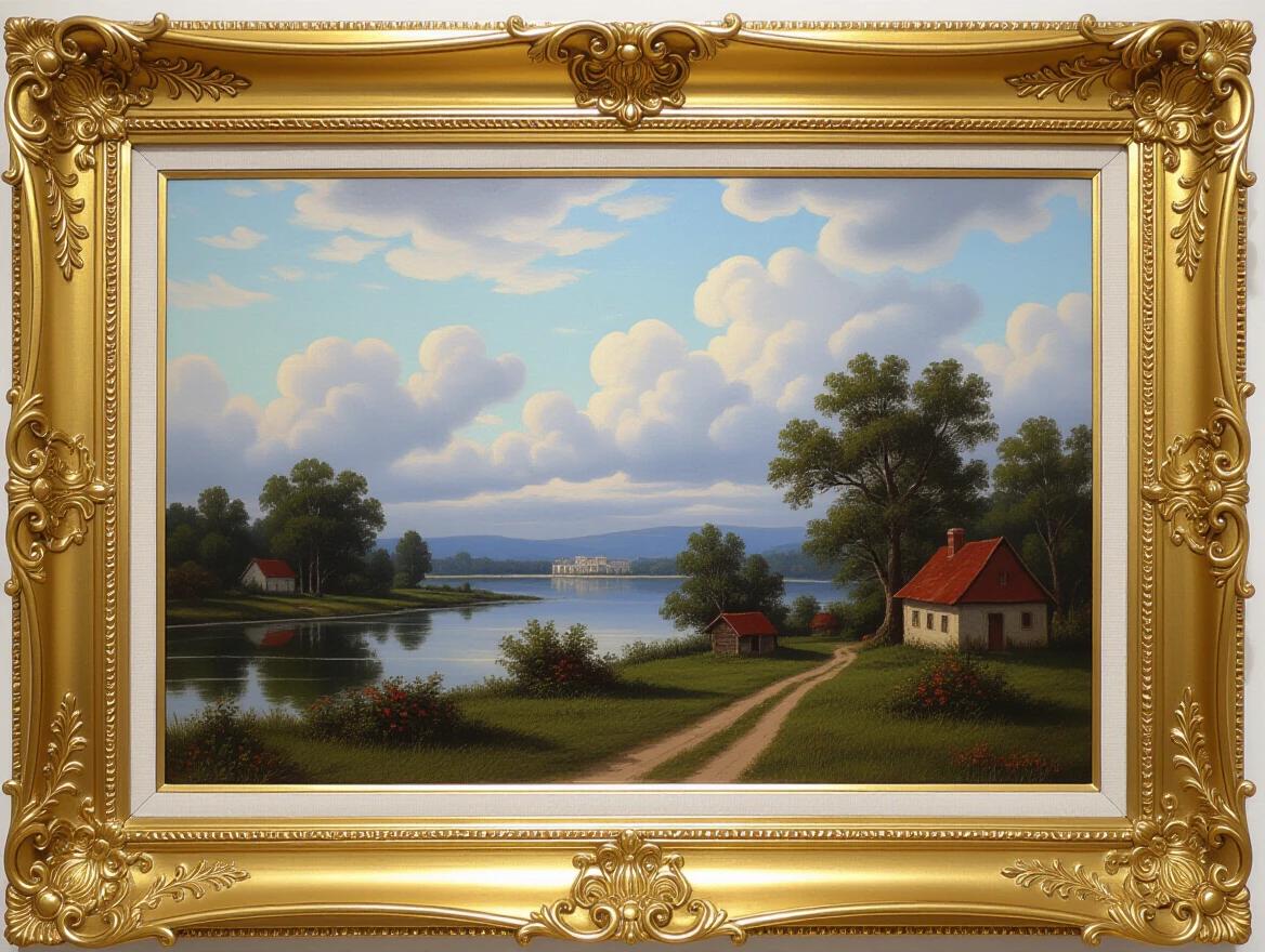 Oil painting depicting a serene rural landscape. Features green grass and trees along a lake. Shows a winding dirt path leading to two houses with red roofs. Blue sky filled with fluffy clouds. Decorated with a golden frame.