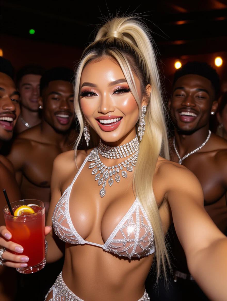 Asian model in edgy wedding bikini. High blonde ponytail with vibrant makeup and heavy crystal jewelry. Smiling and tipsy in a nightclub. Enjoying a cocktail and taking a selfie. Group of muscular friends nearby. Fashionable and energetic ambiance.