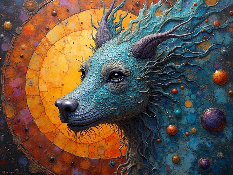 Strange celestial deity with a textured blue face surrounded by vibrant colors and cosmic elements. The artwork features decorative patterns and a surreal ambiance.