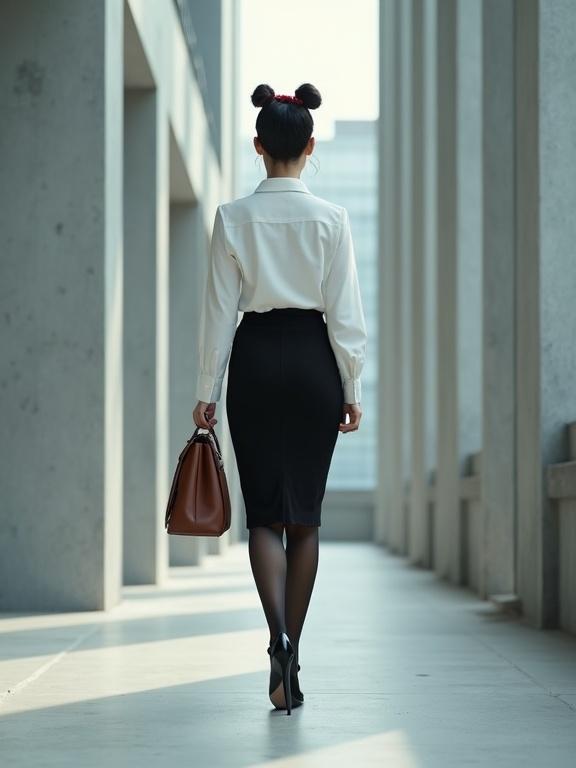 Full-body image of an East Asian female agent walking through grey corridors. She wears a white blouse and a knee-length black skirt. She has black pantyhose and black heels. A brown satchel is slung over her shoulder. Her hair is neatly bunned with a small red bow. Makeup is simple and elegant with red lips. The background is softly lit for a modern look.